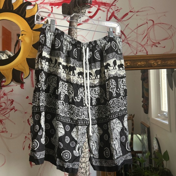 Vintage Pants - Elephant Print Black and White Boho Hippie Shorts Free Size